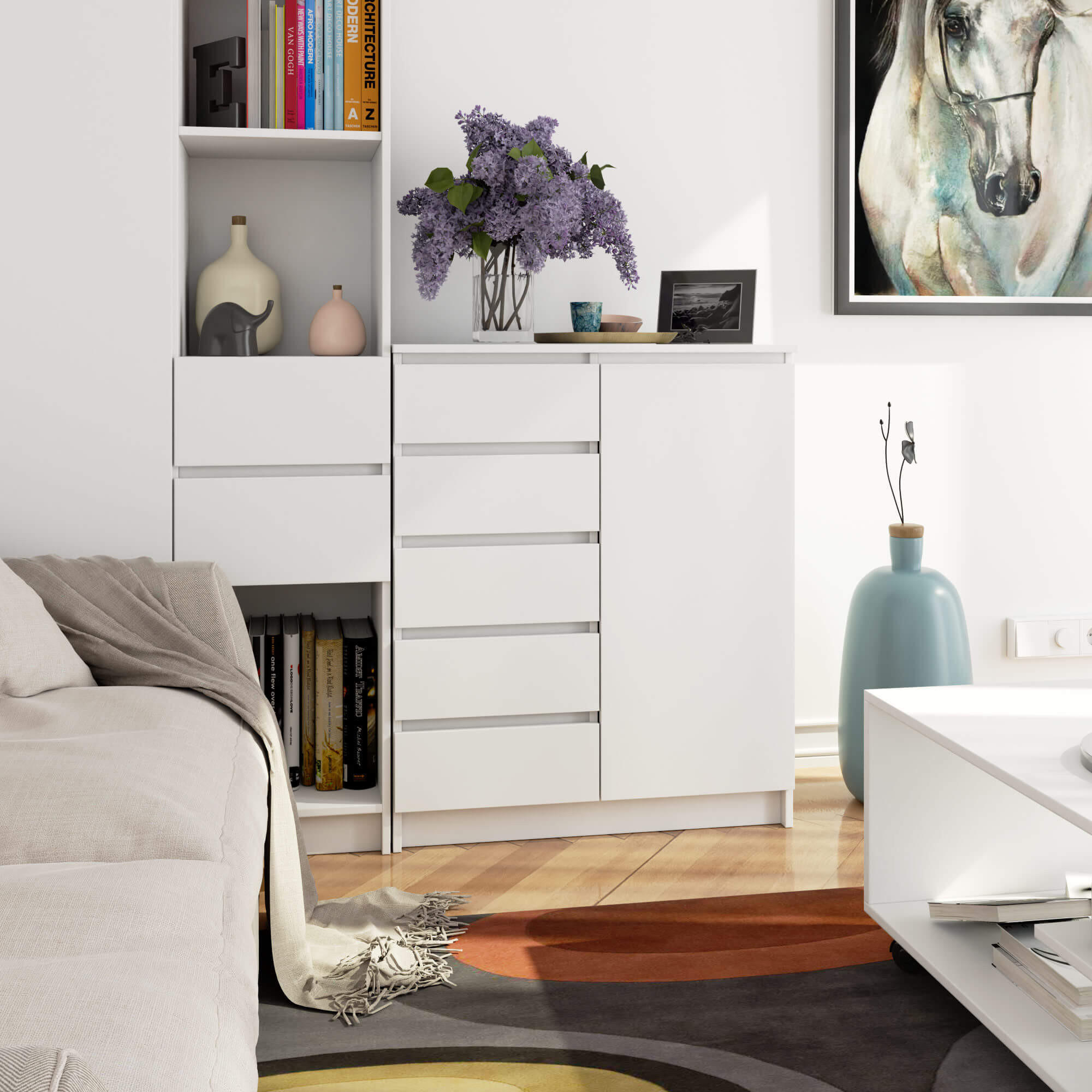 Thumbnail - Akord Kommode, Weiß, Holzwerkstoff, Nachbildung, 3 Fächer, 5 Schubladen, Rechteckig,Rechteckig, 80x97x35 cm, Wohnzimmer,...