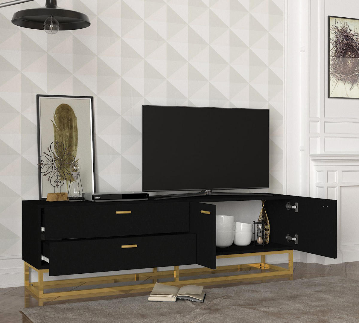 TV-LOWBOARD Theodora Schwarz Gold mit Metall Füße - Goldfarben/Schwarz, Holzwerkstoff/Kunststoff (160/48.1/36.8cm) - moebel17