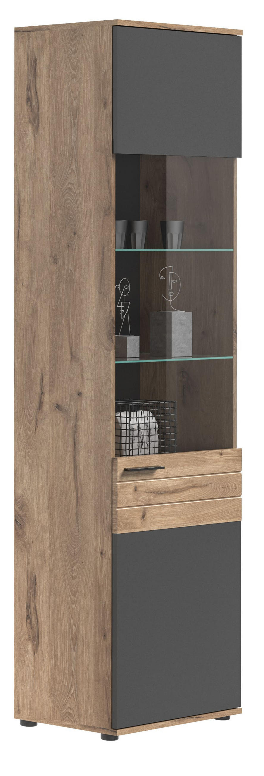 VITRINE MASON (B/H/T: ca. 57/200/37 cm) in Nox Oak Nachbildung/Basalt grau - Eichefarben, Holzwerkstoff (57/200/37cm)