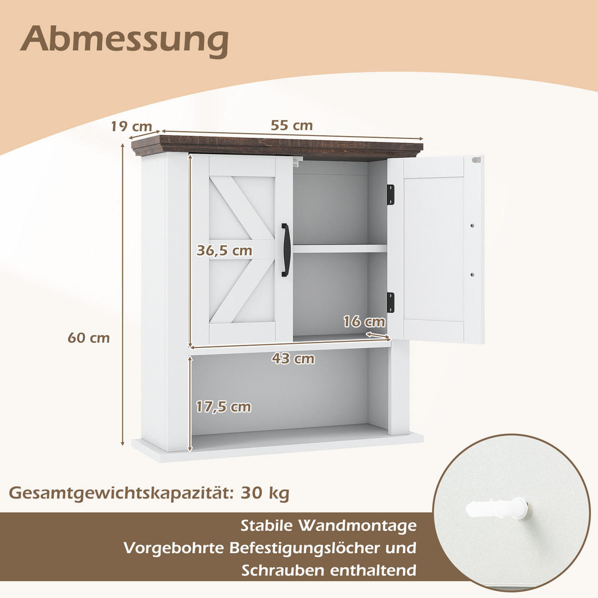 BADEZIMMERSCHRANK hängend weiß - Weiß, Holzwerkstoff (55/60/19cm) - COSTWAY