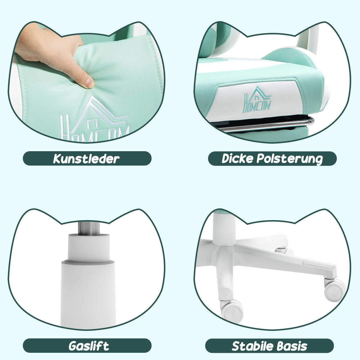 GAMING-STUHL, ergonomischer Gamer-Stuhl, Lendenwirbelstütze, Fußstütze - Weiß/Hellblau, Textil (62/124/65cm) - HOMCOM