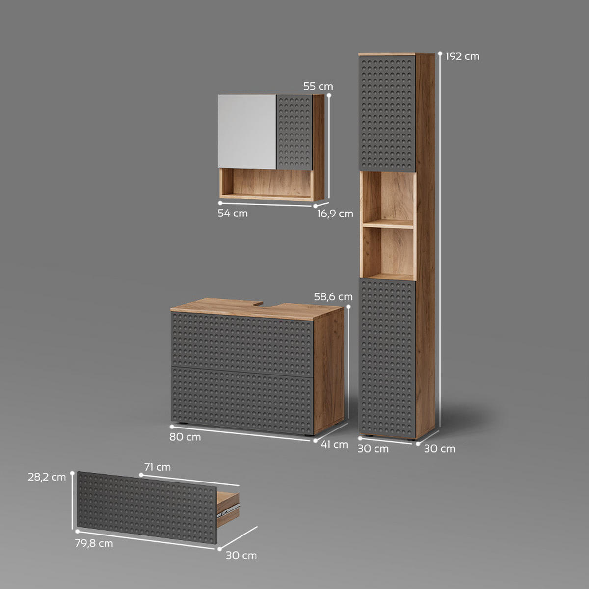BADMÖBEL-SET Ronco Anthrazit gestreift 3 Teile, mit Schubladenschrank und Hochschrank - Eichefarben/Anthrazit, Holzwerkstoff (80/58/41cm) - Livinity®