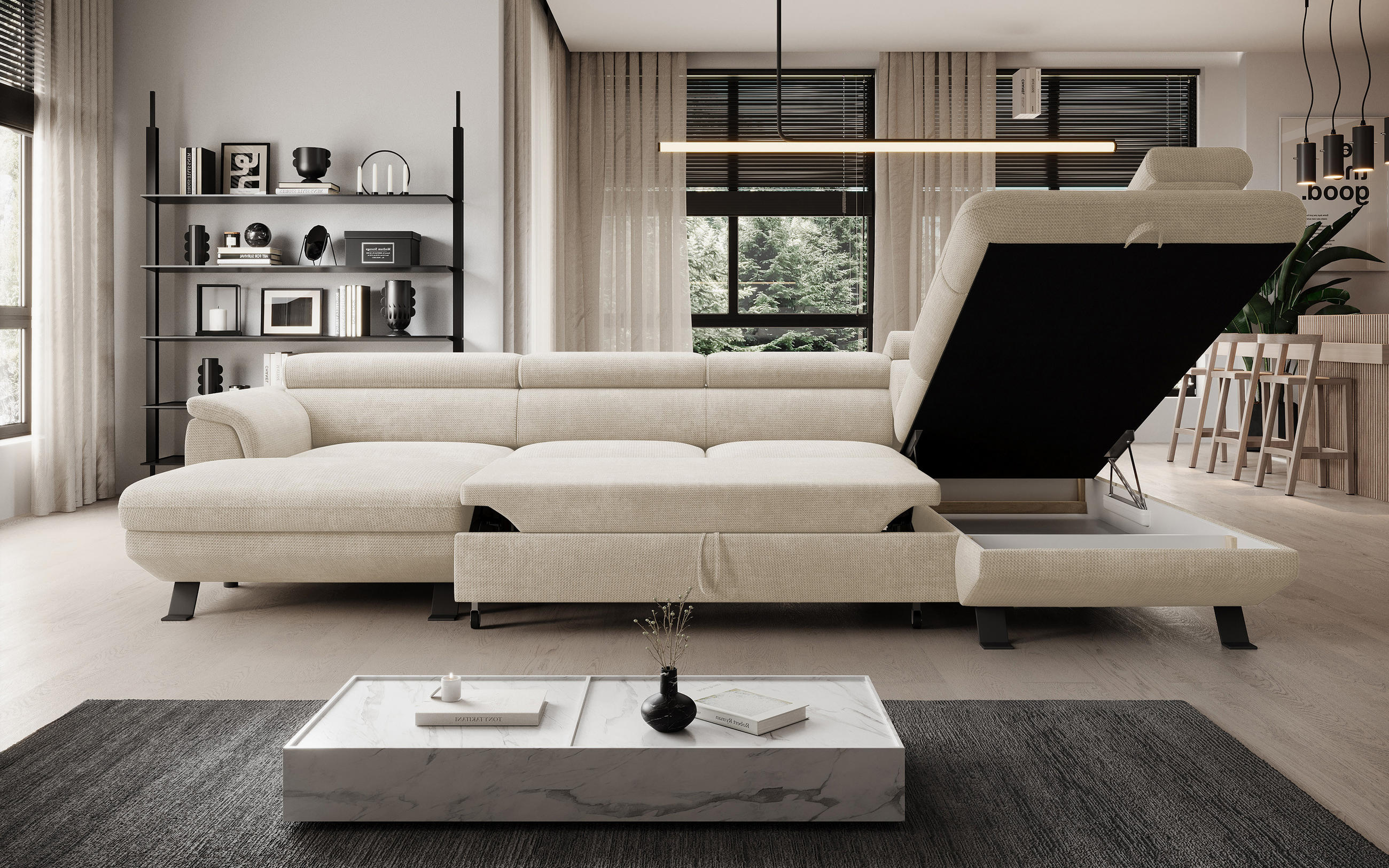 ECKSCHLAFSOFA Raven XL, Verstellbaren Kopfstützen, Bettkasten, Großes Sofa 334x198x162cm Rechte, Perle - Perlmutt, Holz/Textil (334/198cm) - DomoHome