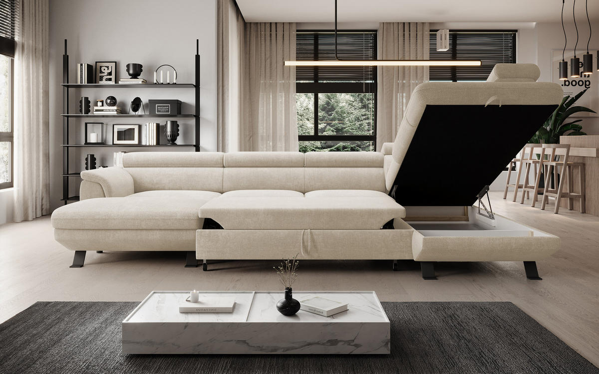 ECKSCHLAFSOFA Raven XL, Verstellbaren Kopfstützen, Bettkasten, Großes Sofa 334x198x162cm Rechte, Perle - Perlmutt, Holz/Textil (334/198cm) - DomoHome