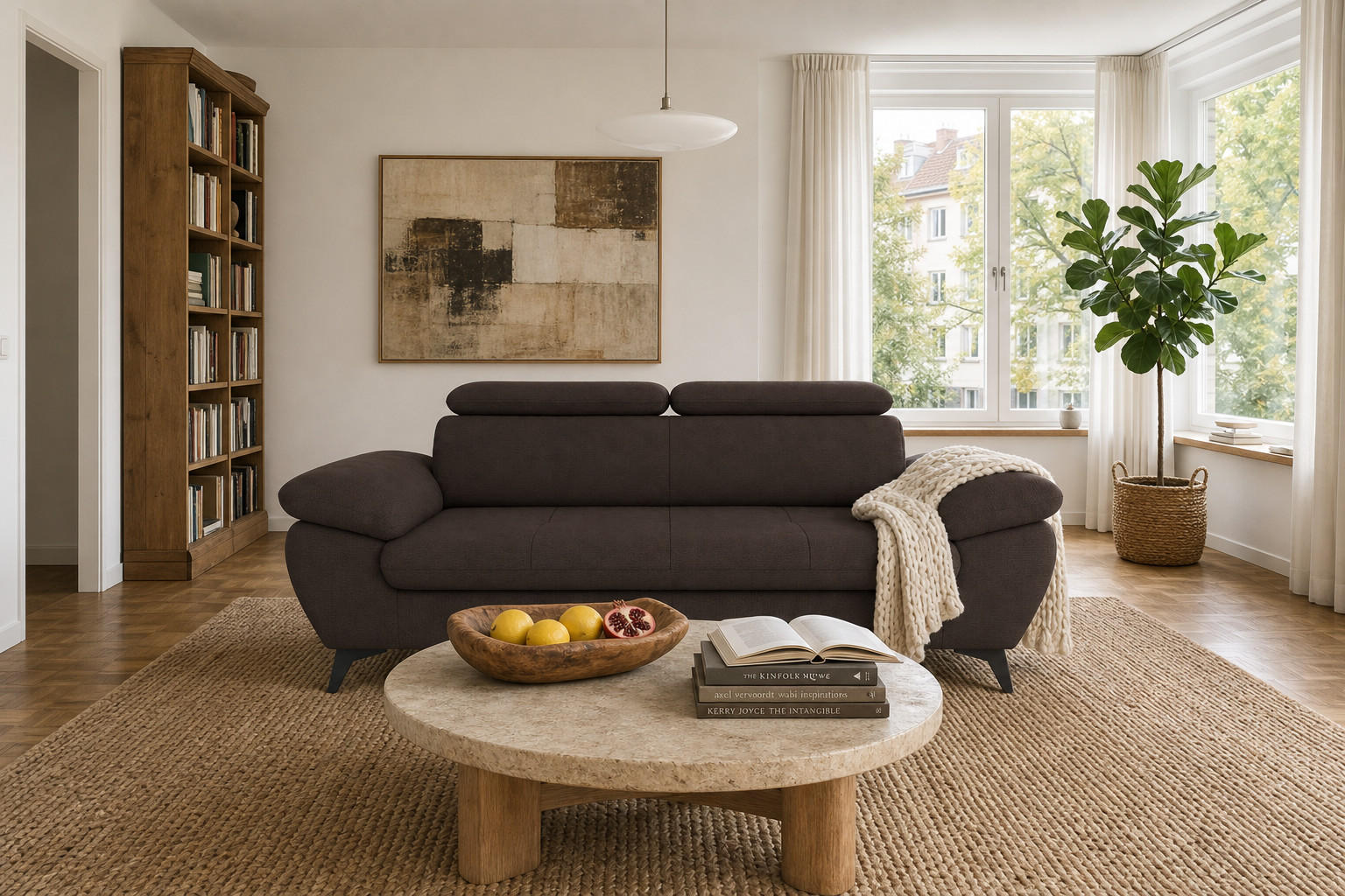 3-SITZER Karlstad Flachgewebe Braun verstell. Kopfstützen B 215 cm - Dunkelbraun, Kunststoff/Textil (215/84/100cm) - foamnova