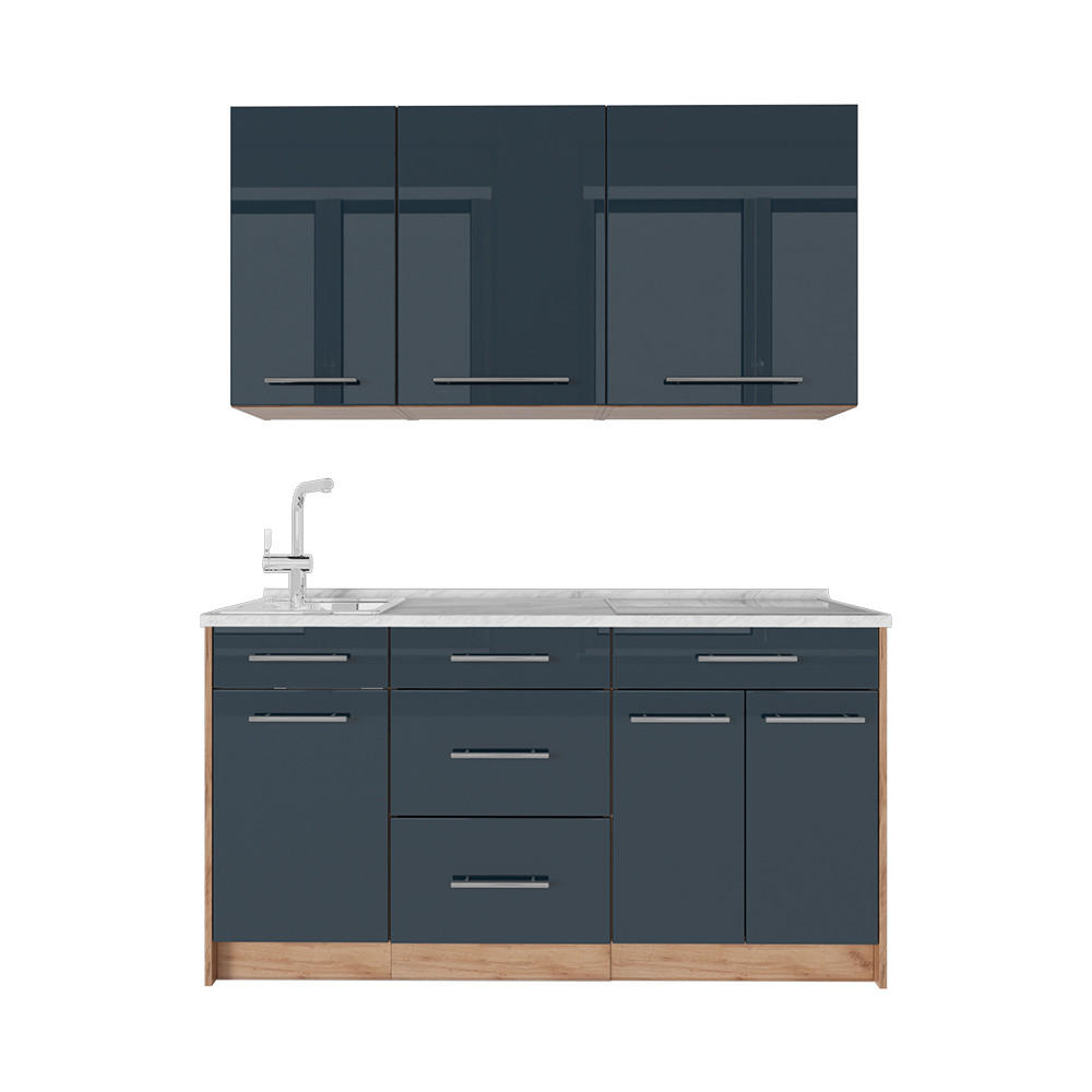 ENKELKÖK Fame-Line, Mörkblå högblank/Goldkraft ek, 150 cm AP Marble - Honungsek/Mörkblå, Träbaserade material (150/81.2/60cm) - Vicco