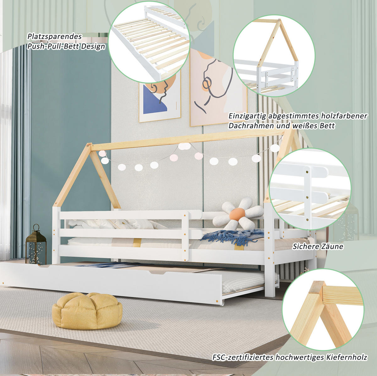 HAUSBETT mit Ausziehbett, Weiß/Natur, 90/200 cm - Weiß, Holz (90/200cm) - MIVRAY