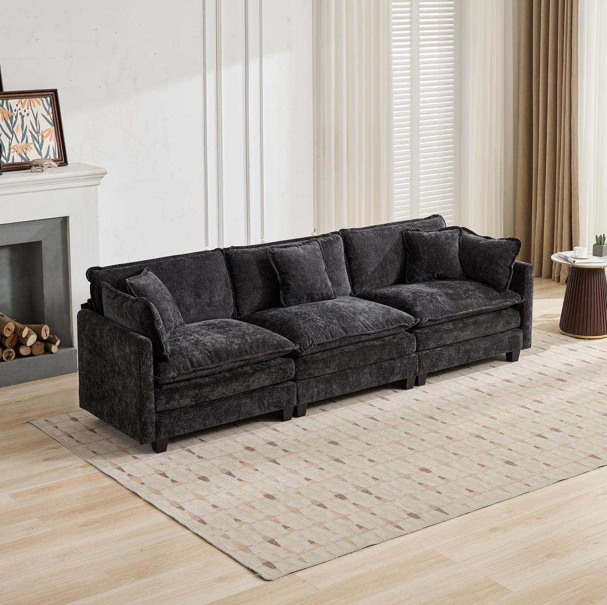 SOFA modular 3-Sitzer Chenille Schwarz - Schwarz, Holz (75/84/289cm) - Meubliv