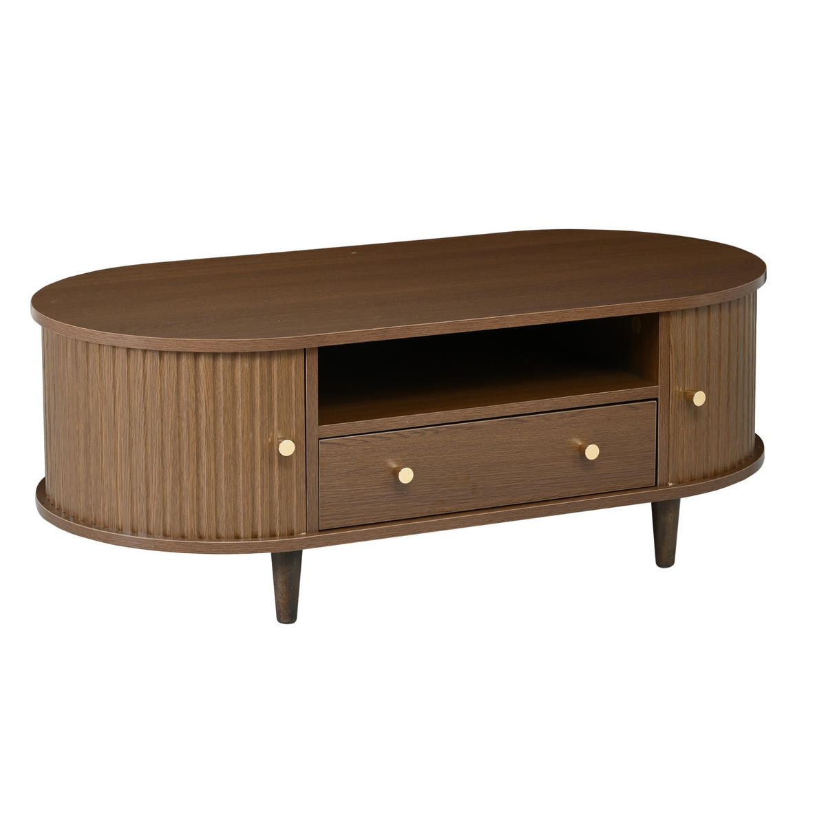 COUCHTISCH oval 100 x 50 x 36 cm MDF Walnuss mit Schublade und Rolltür - Braun, Holz (100/50/36cm) - Meubliv