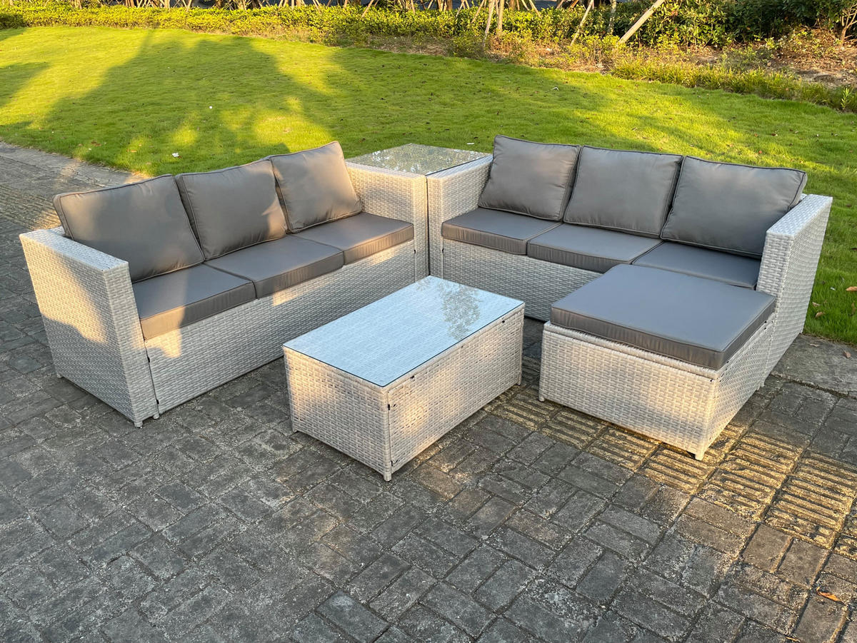 GARTENMÖBEL SET Polyrattan Helles Grau 7-Sitzer - Hellgrau, Metall - Fimous