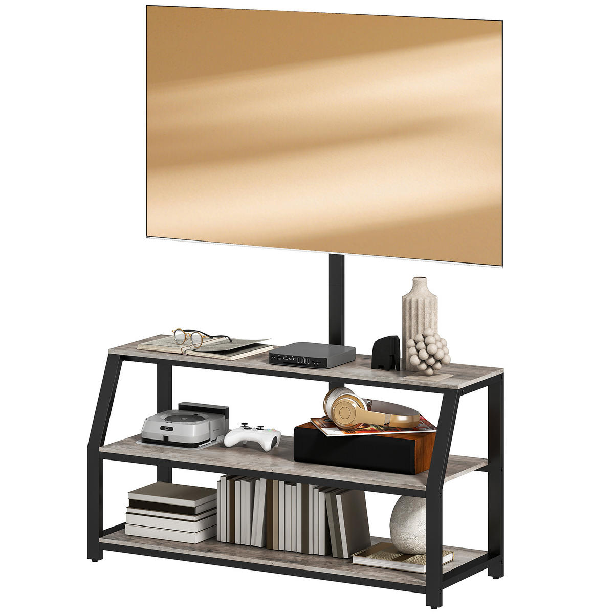 TV-BOARD Grau/Schwarz 110/43/150 cm, mit Halterung, 2 offene Fächer, Metallgestell - Grau, Holzwerkstoff (110/150/43cm) - PANGIVO