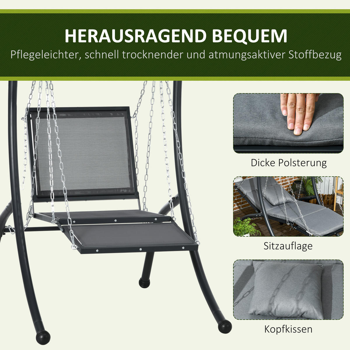HOLLYWOODSCHAUKEL 108/145/169 cm mit verstellbarem Dach und Liegefunktion, Dunkelgrau - Dunkelgrau, Metall (145/169/108cm) - Redom