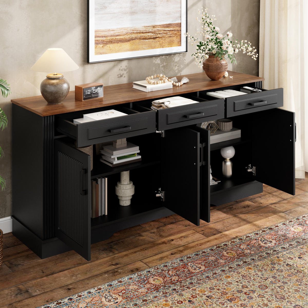 SIDEBOARD 3D Streifen MDF 3 Schubladen 4 Türen Modern Weiß - Schwarz, Holzwerkstoff (160/75/40cm) - FLIEKS