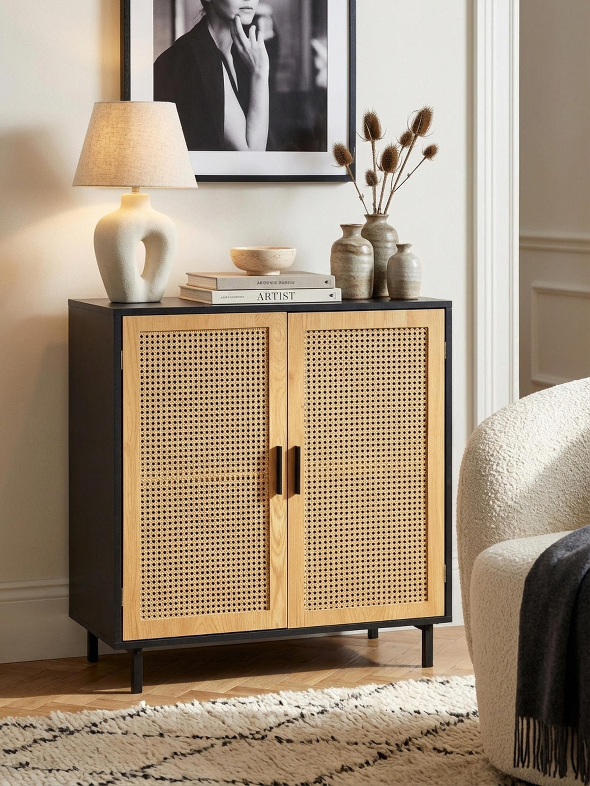 SIDEBOARD – Schwarz, 80x86,5x40 cm, mit Wiener Geflecht, 2 Türen, hoch - Schwarz, Holzwerkstoff/Metall (80/87/40cm) - KADIMA DESIGN