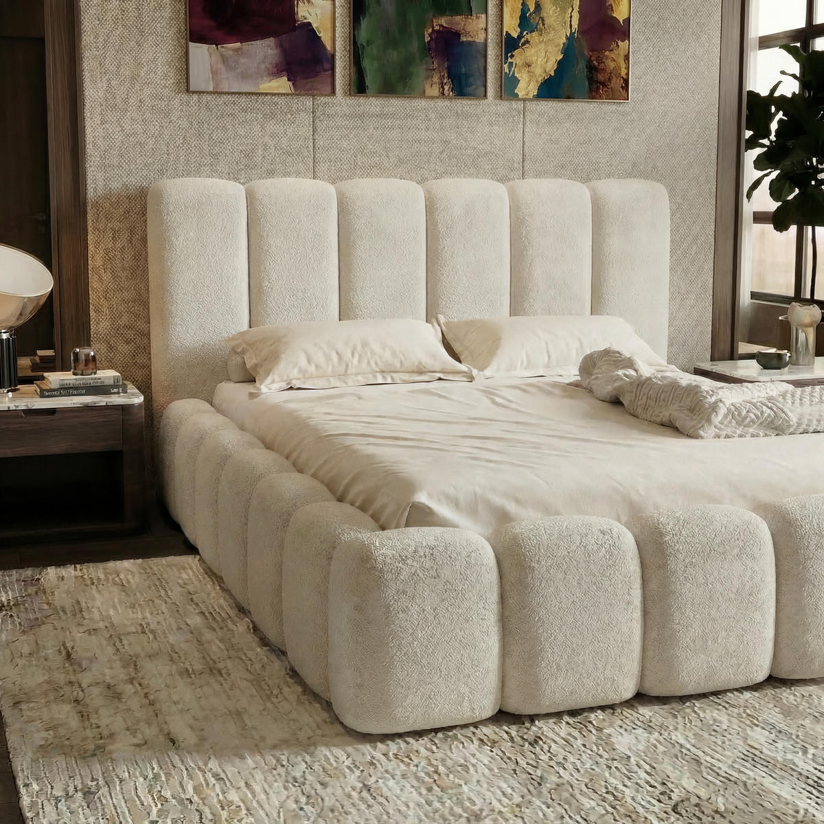 POLSTERBETT VELORA 180x200cm mit Bettkasten & Metallgestell - Bouclé Stoff ECRU GERRA - Ecru, Textil (180/200cm) - Luxkor24