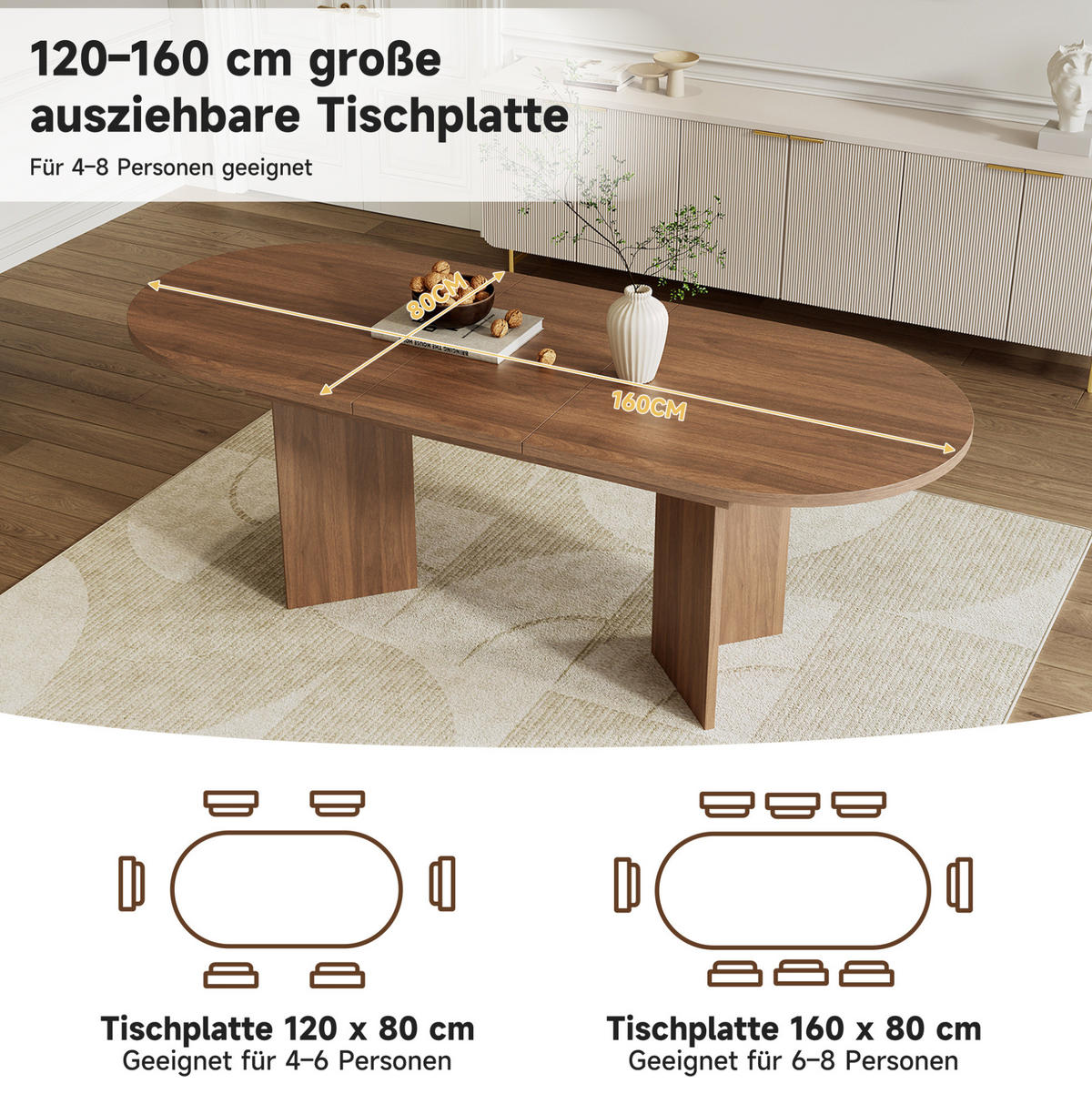 ESSTISCH 160/80/75 cm nussbaumfarben aus MDF mit Ausziehfunktion - Walnussfarben, Holzwerkstoff (160/80/75cm) - OKWISH