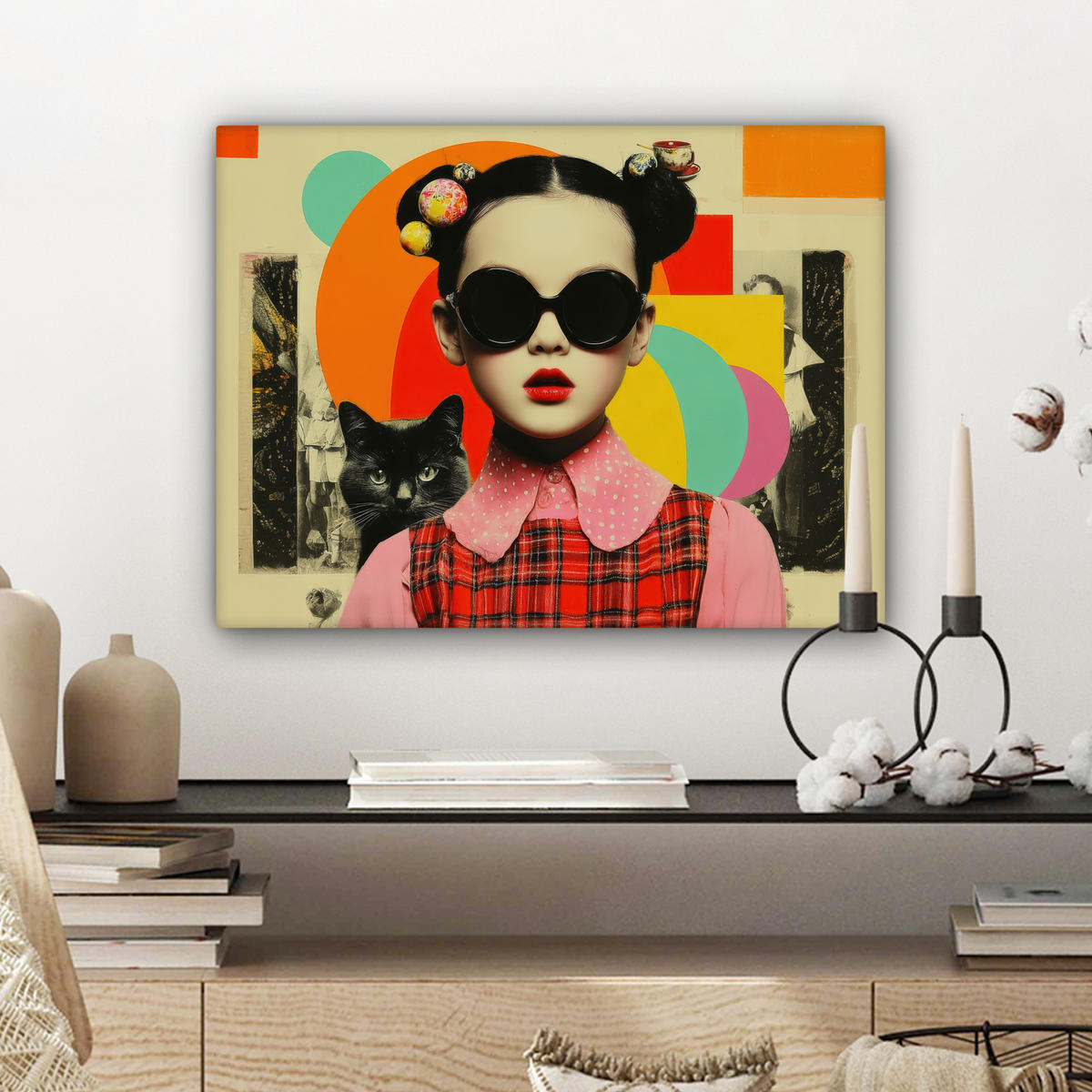 LEINWANDBILD Mädchen - Sonnenbrille - Katze - Retro Wandbild 40x30 cm - Beige, Textil (40/30cm) - MuchoWow