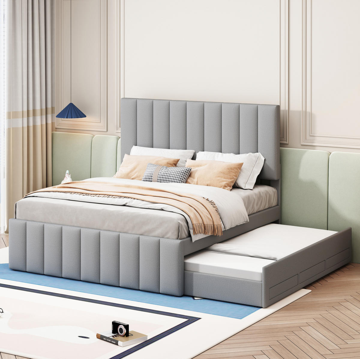 POLSTERBETT 140/200 cm mit Ausziehbett und 3 Schubladen, gepolstertes Kopfteil - Grau, Textil (140/200cm) - BEAOK