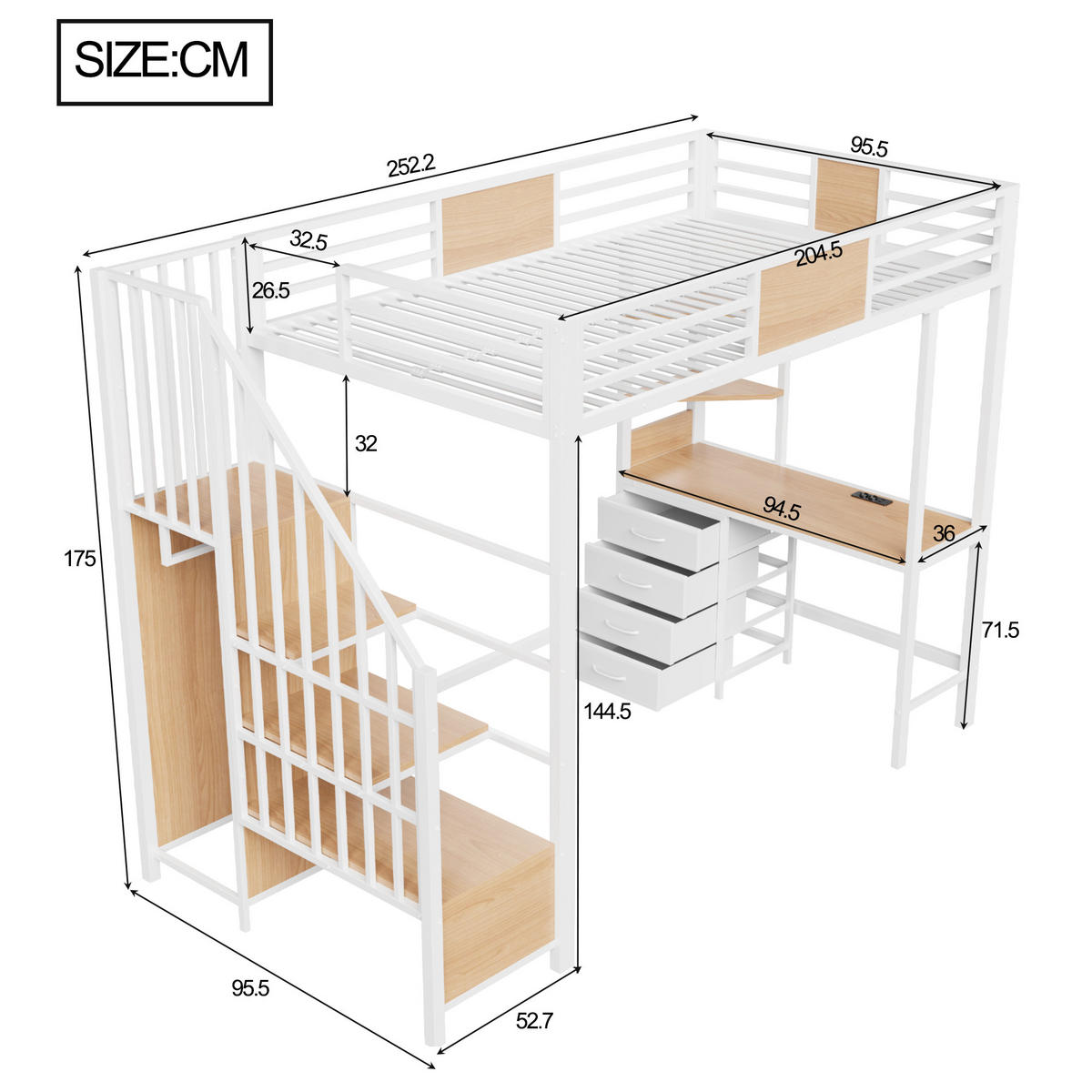 HOCHBETT 90/200 cm in Weiß mit Schreibtisch, Ablagefächern, Kleiderstange, LED und Steckdose aus Metall - Weiß, Holzwerkstoff/Metall (90/200cm) - CHICFURN