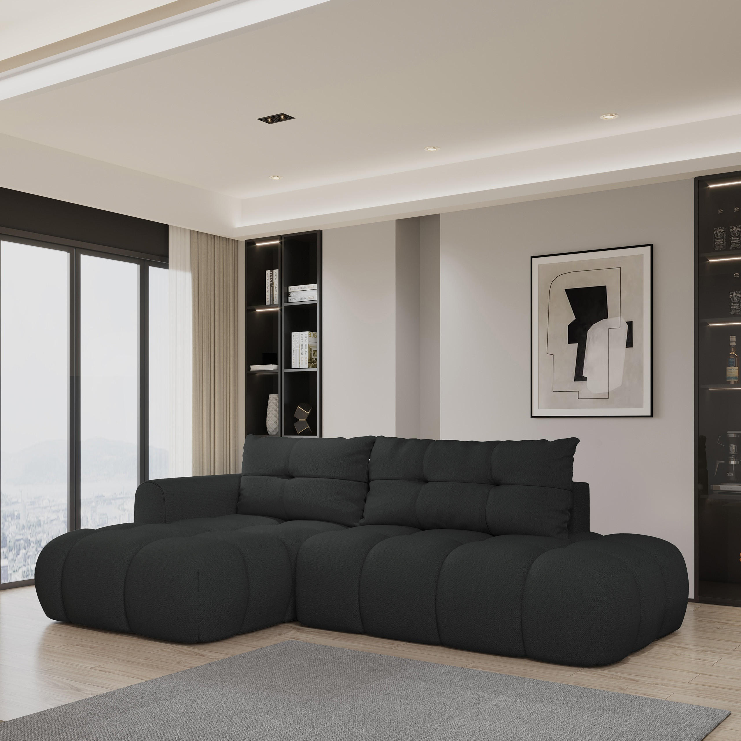 ECKSOFA FLUMA L-S Schwarz Geflochtener Stoff mit Schlaffunktion - Schwarz, Holz (274/165cm) - MASSENO