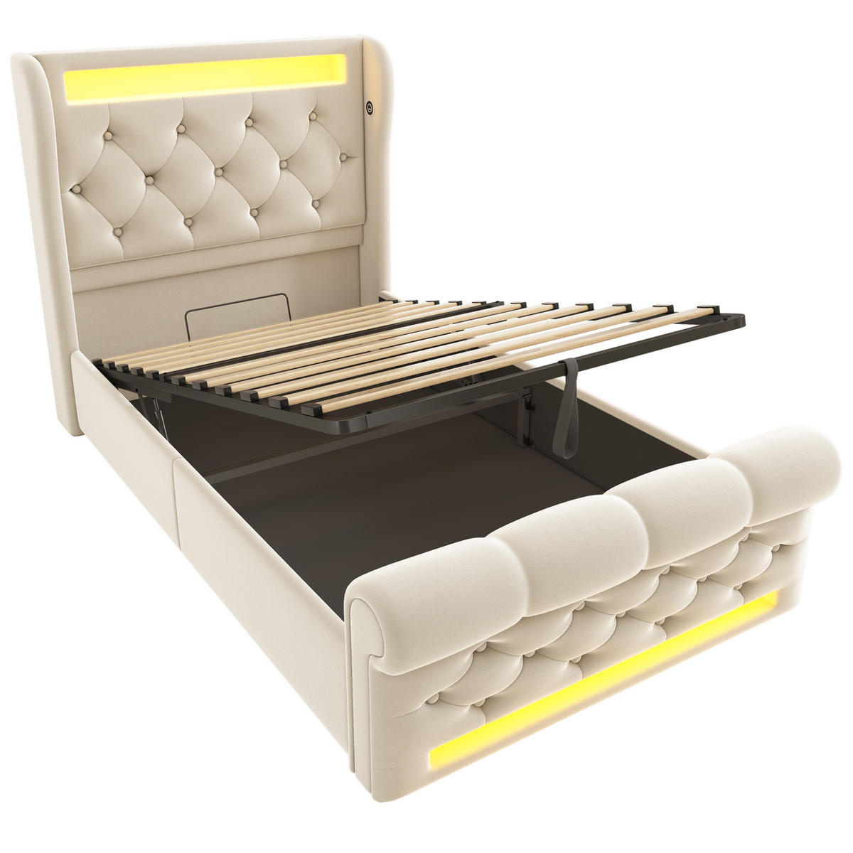 POLSTERBETT 90/200 cm mit LED-Beleuchtung, USB- und Type-C-Anschluss, hydraulischem Stauraum und Samtbezug, Beige - Beige, Textil (90/200cm) - Redom