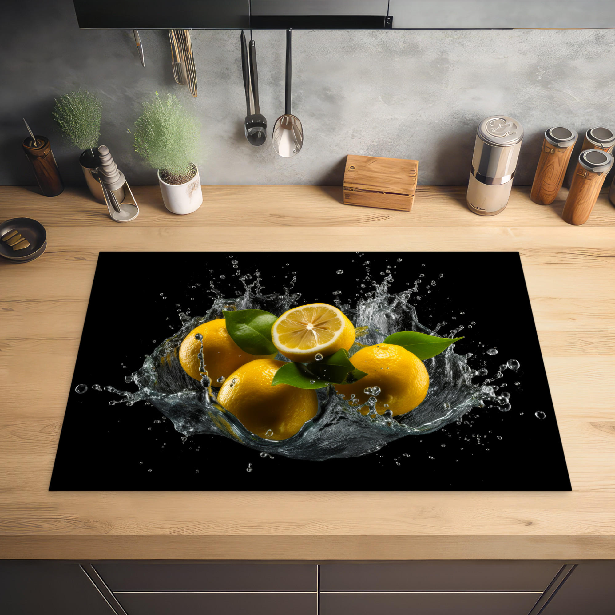 HERDABDECKPLATTE Zitrone - Obst - Gelb - Schwarz 80x52 cm - Gelb, Kunststoff (80/0.2/52cm) - MuchoWow