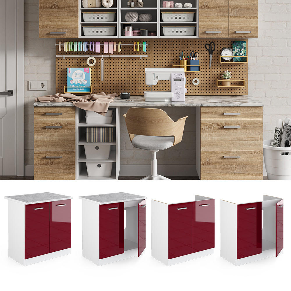 SPÜLENUNTERSCHRANK R-Line Bordeaux Hochglanz 80 cm mit Türen, ohne Arbeitsplatte - Bordeaux/Weiß, Holzwerkstoff (80/81.6/46cm) - Vicco