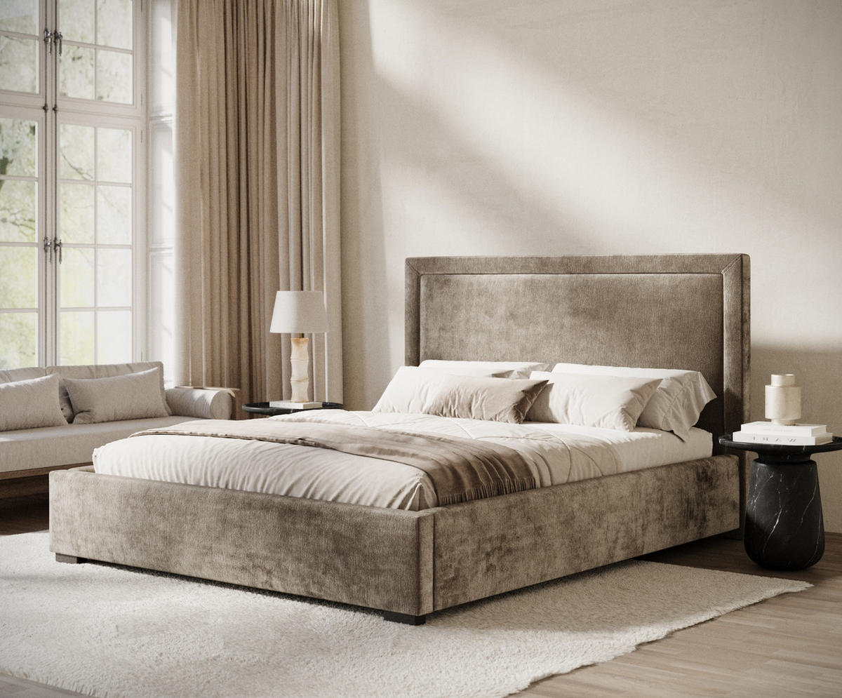 POLSTERBETT Ordina Beige 180/200 cm im Chenille-Stoff - Beige/Schwarz, Holz/Holzwerkstoff (180/200cm) - Maison de Reve