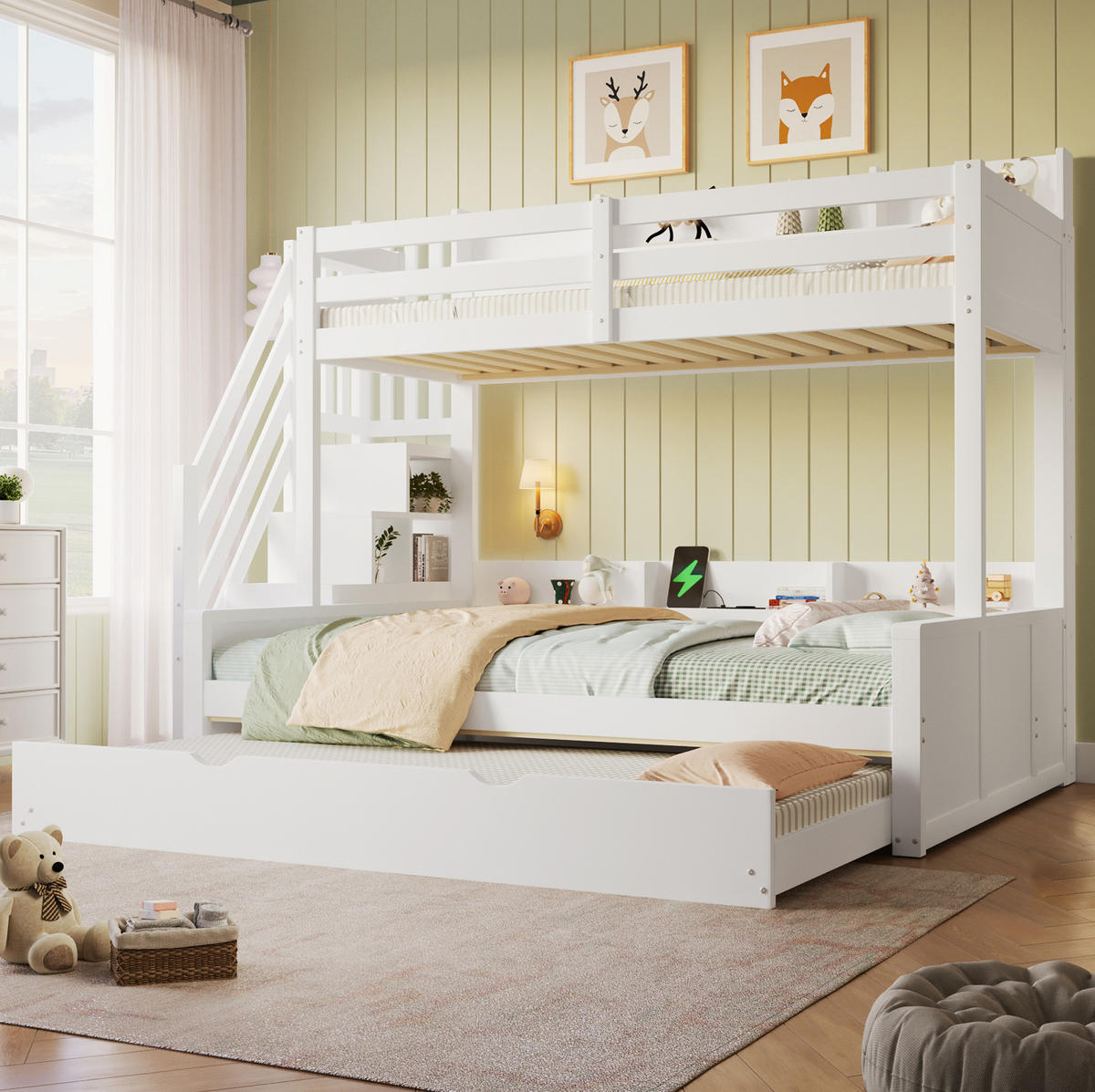 ETAGENBETT aus MDF und Kiefernholz 90x200/140x200 cm Weiß mit Ausziehbett, Stauraumtreppe und USB-Anschluss - Weiß, Holz (90/200cm) - Modfu