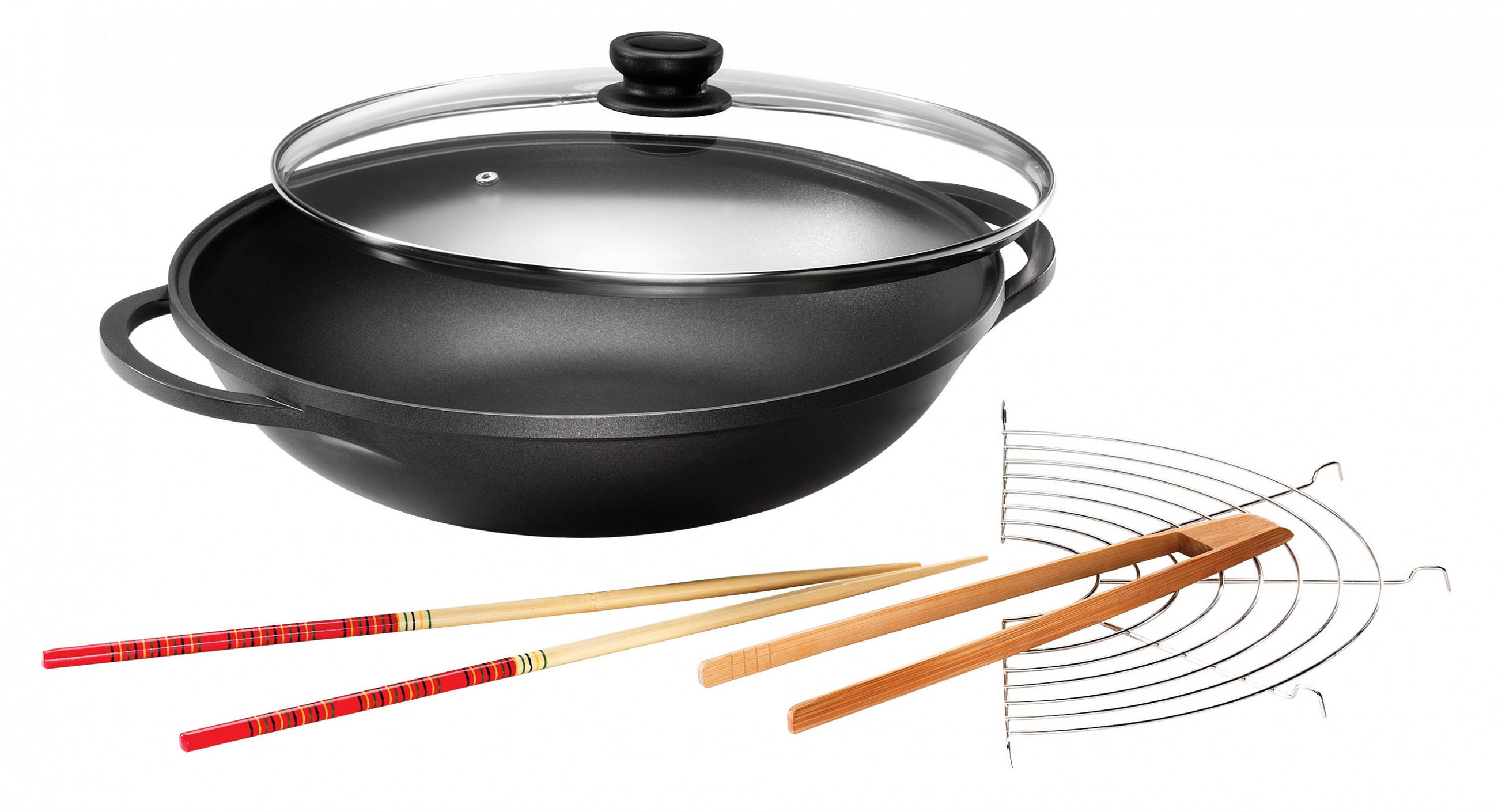 WOK Mai-Lin, Aluguss, Antihaftbeschichtung, inkl. Zubehör, Ø 36 cm - Schwarz, Metall (36cm) - Karcher