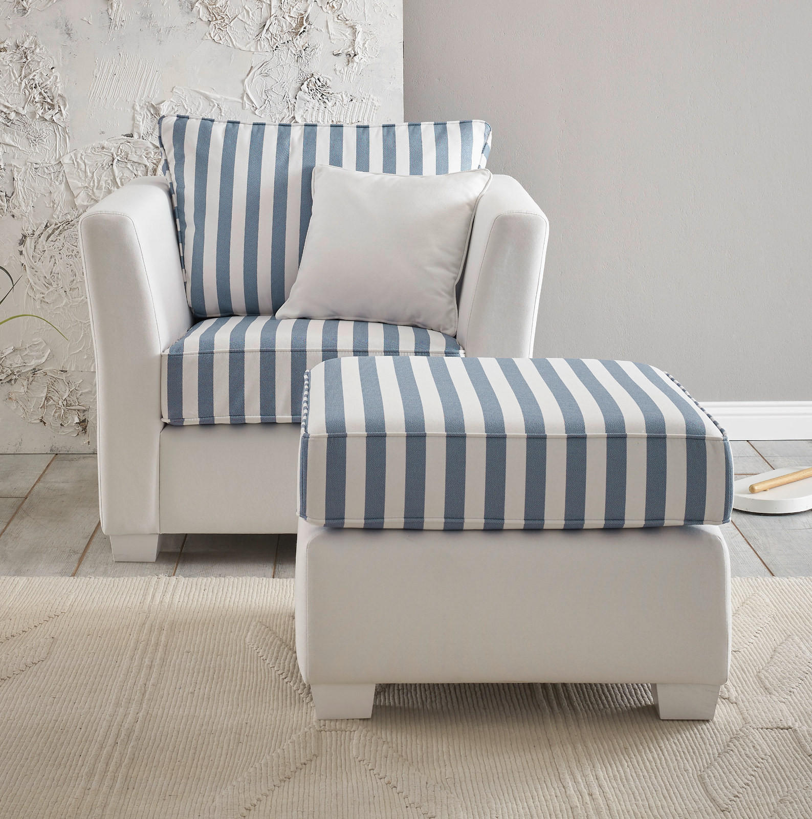 SESSEL creme blau gestreift, Landhaus 95 cm, Loungesessel Set inklusive Hocker - Blau/Creme, Holz/Textil (95/88/161cm) - Furn.Design
