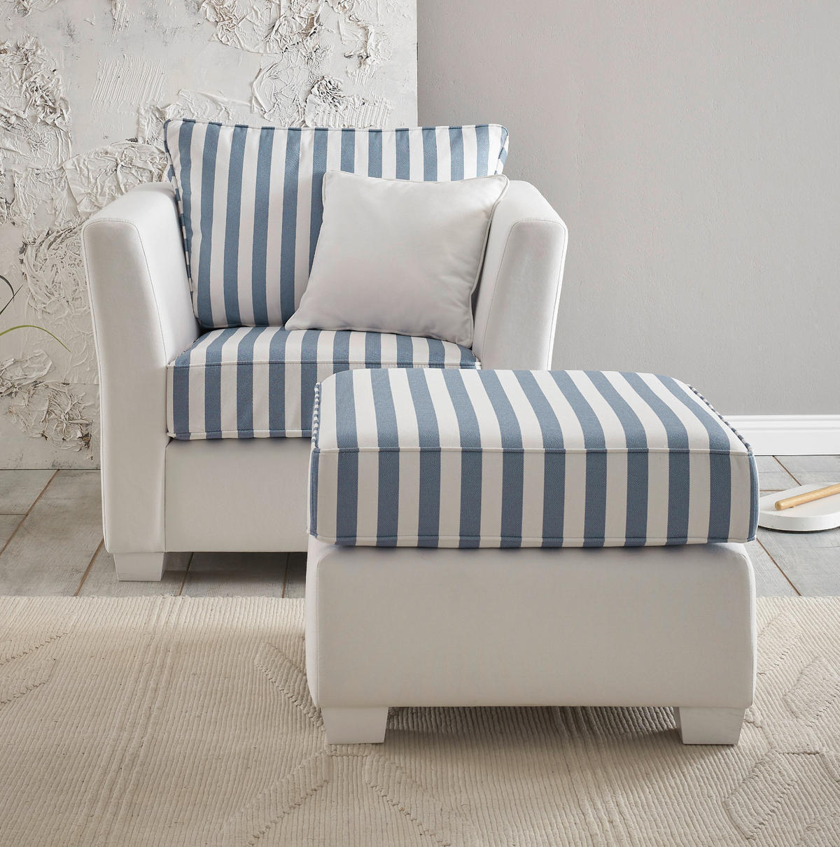 SESSEL creme blau gestreift, Landhaus 95 cm, Loungesessel Set inklusive Hocker - Blau/Creme, Holz/Textil (95/88/161cm) - Furn.Design