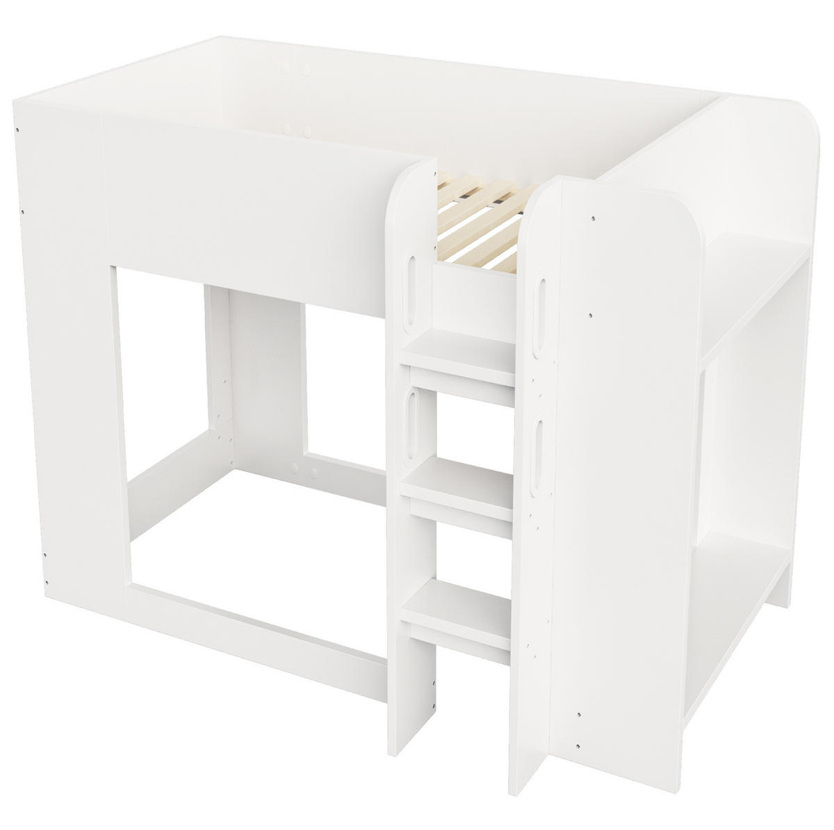 ETAGENBETT aus Sperrholz und MDF 90x200 cm Weiß mit Sicherheitsgitter, Leiter und Ablagefächern - Weiß, Holzwerkstoff (90/200cm) - Modfu