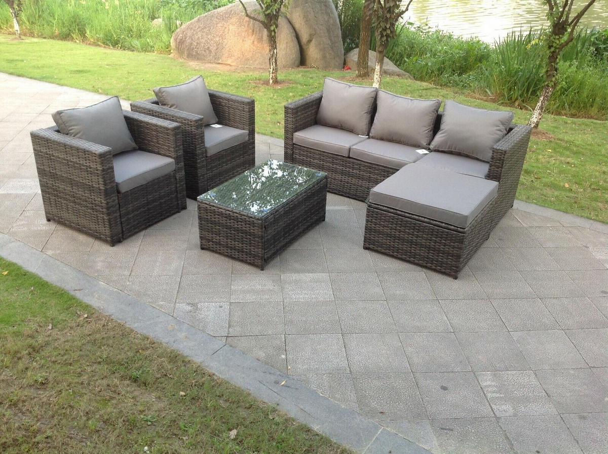 GARTENSOFA SET Polyrattan 6-Sitzer - Dunkelgrau/Grau, Glas/Kunststoff - Fimous