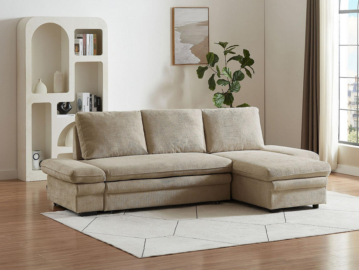 ECKSOFA mit Schlaffunktion & Ecke wechselbar - Chenille-Stoff - Beige - SIVIARA - Beige, Textil (258/146cm) - Vente-Unique