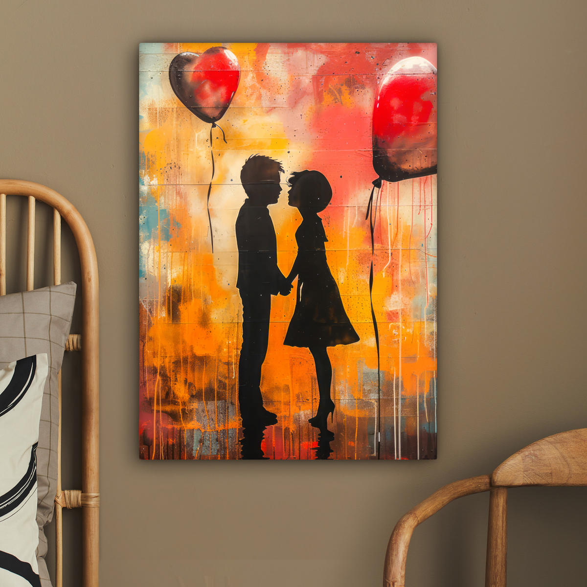 LEINWANDBILD Straßenkunst - Liebe - Graffiti - Kunst - Banksy 60x80 cm - Orange, Textil (60/80cm) - MuchoWow