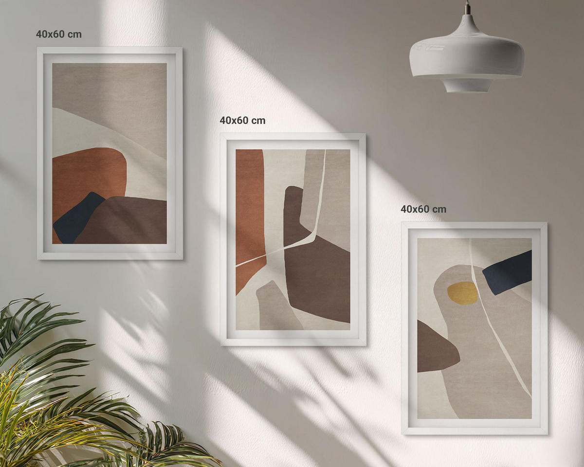 BILDER SET 3er Set - 40x60 cm Weißer Rahmen - Abstrakte Boho-Malerei - Weiß, Kunststoff (40/60cm) - TULUP