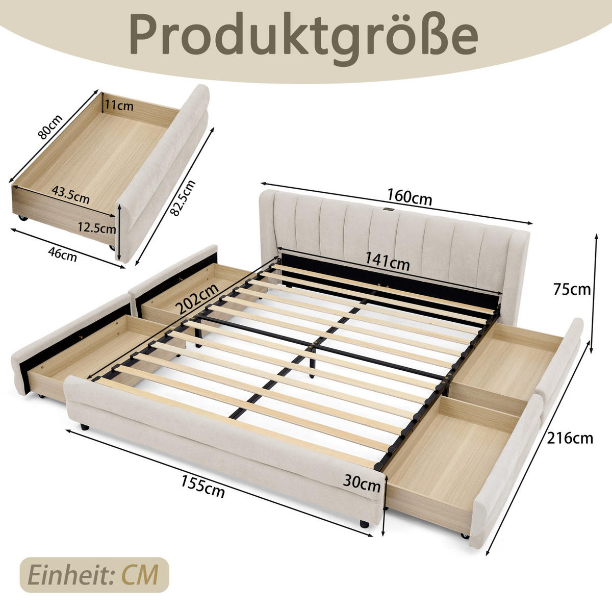 BETT mit 4 Schubladen und USB 140x200 cm Chenille Beige - Beige, Holz (140/200cm) - Meubliv