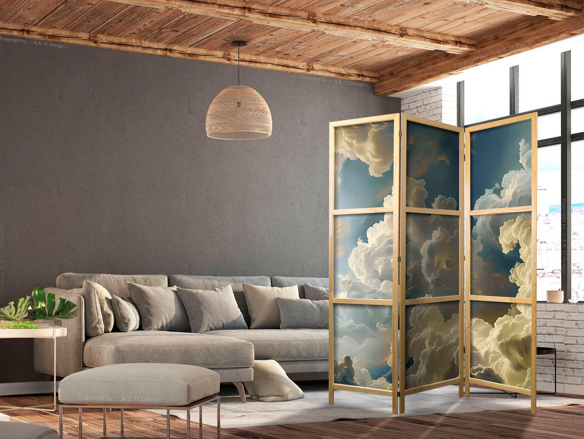 PARAVENT Japanischer 3-tlg 135x172 cm Malerische Wolken - Blau, Holz/Textil (135/172/3cm) - Muralo