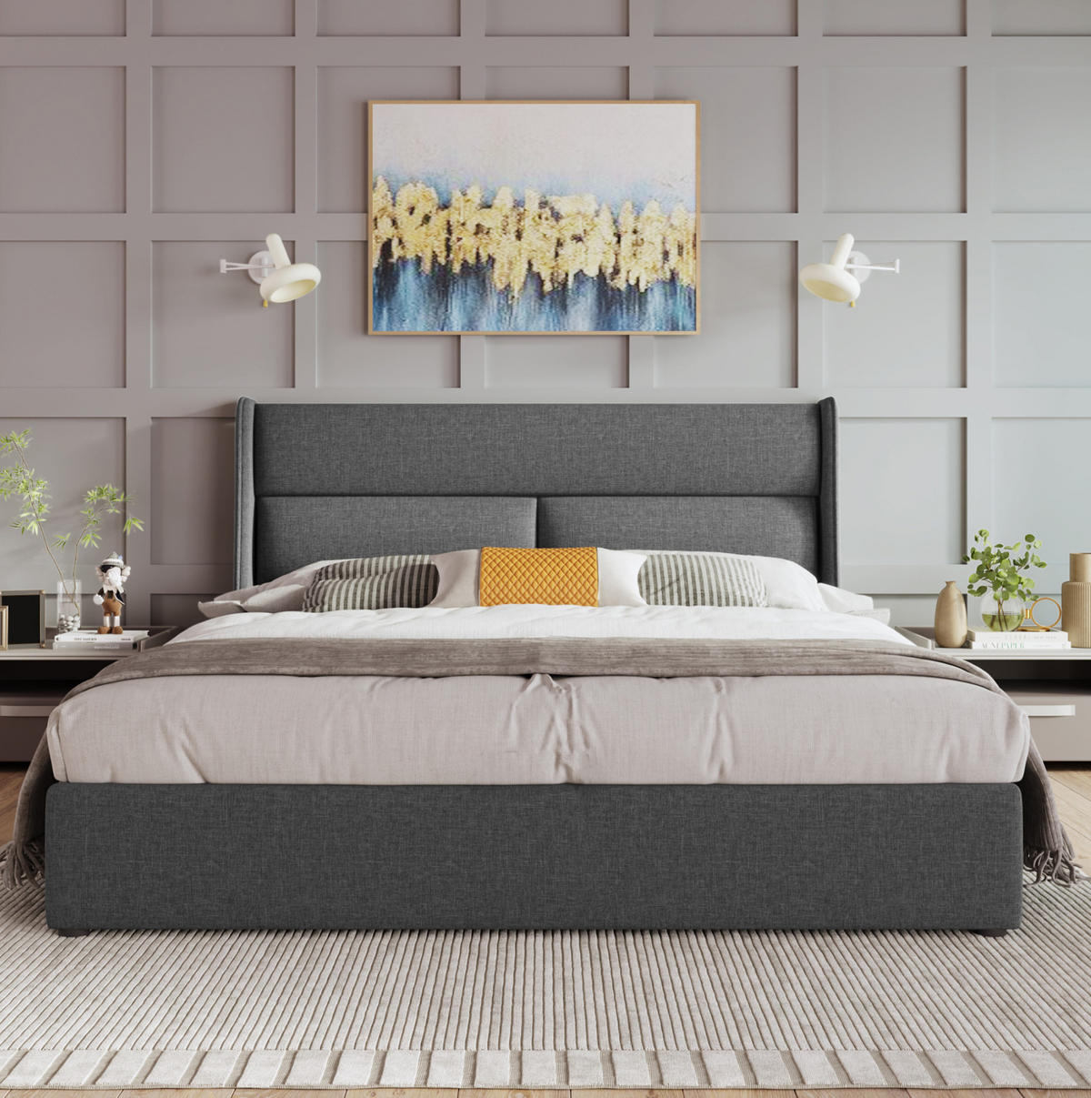 POLSTERBETT mit Stauraum und verstellbarer Kopfstütze 160x200 cm Leinen Grau - Grau, Metall (160/200cm) - Meubliv