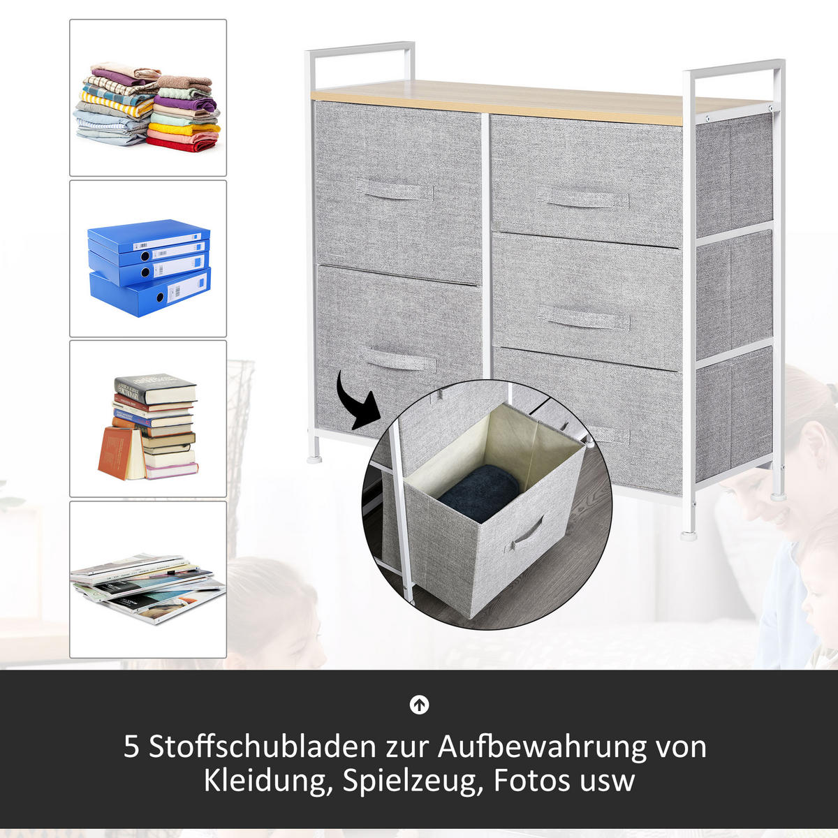 SCHUBLADENSCHRANK, Stoff+ Holz, Grau - Grau, Holzwerkstoff (29/77/83cm) - HOMCOM