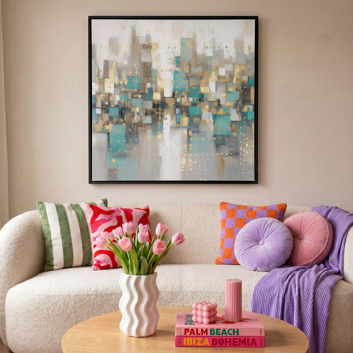 LEINWAND Bilder mit Rahmen - Abstrakt - Blöcke - Gold - Skyline - 90x90 - Beige, Textil (90/90cm) - MuchoWow