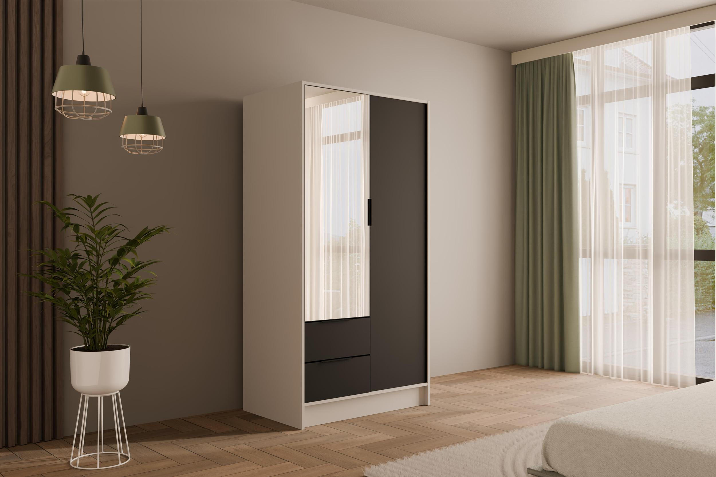 KLEIDERSCHRANK mit Spiegel und Flügeltüren KOLIN 100x200cm Weiß / Schwarz - Schwarz/Weiß, Holzwerkstoff (102/200/51cm) - ALTDECOR