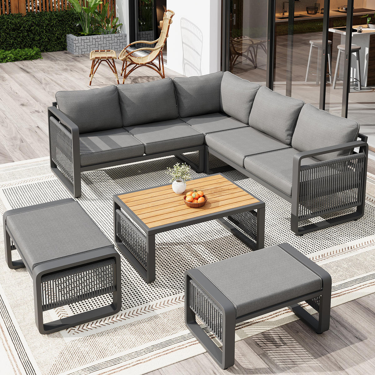 LOUNGEGARNITUR aus Metall & wasserabweisendem Stoff Grau mit verstellbaren Füßen - Grau, Metall - Modfu