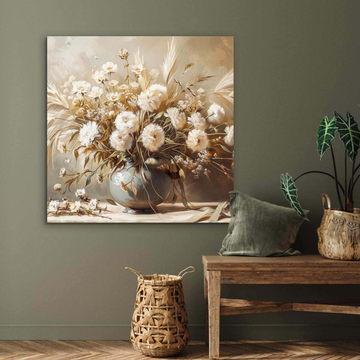KOVOVÝ OBRAZ Kvety - Váza - Zátišie - Béžová 90x90 cm - krémová, kov (90/90cm) - MuchoWow