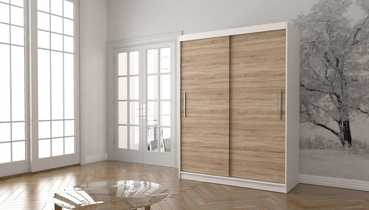 SCHIEBETÜRENSCHRANK - Lara 06 - Weiß + Sonoma - Weiß/Sonoma Eiche, Holzwerkstoff/Metall (150/200/61cm) - Möblo