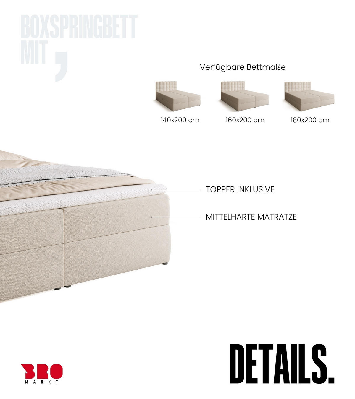 BOXBETT Detroit mit Topper 180/200 Ecru - Ecru, Holzwerkstoff/Textil (180/200cm) - Bromarkt