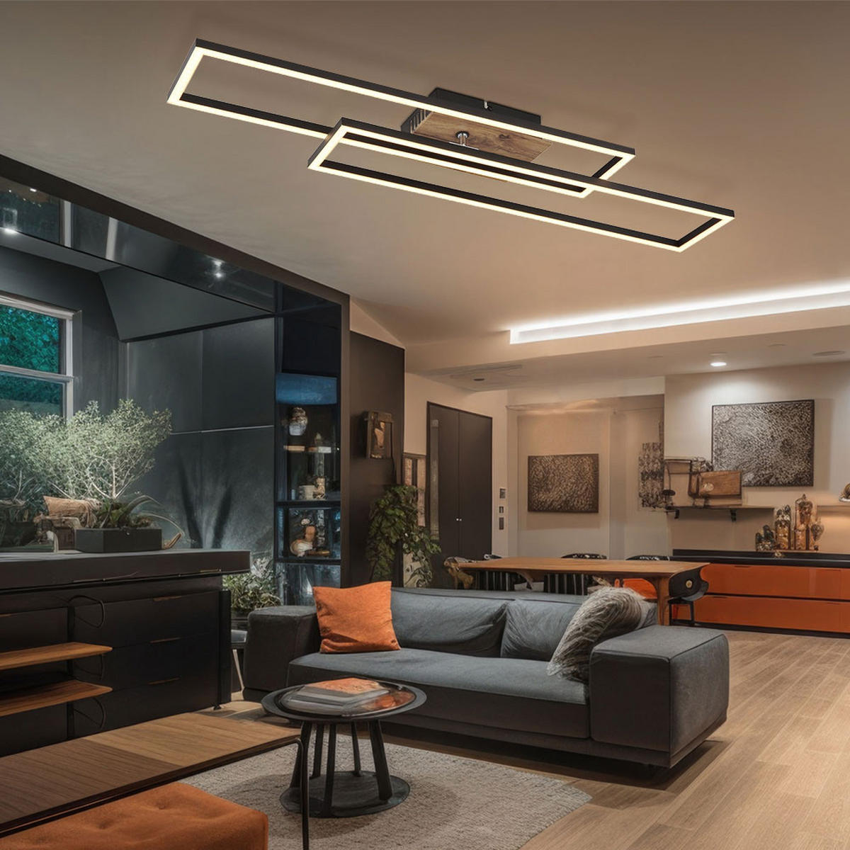 LED DECKENLEUCHTE DAKARI Holzoptik Schwarz - Schwarz, Metall (80/60/8cm) - Globo Lighting