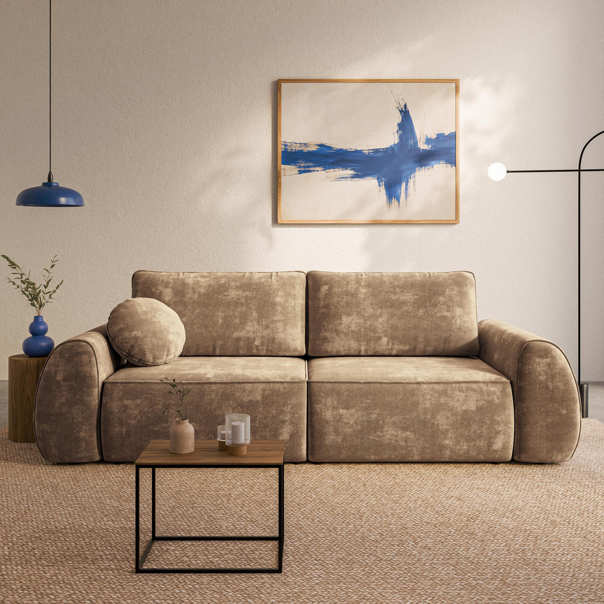 BETTSOFA ZEFEO Beige Chenille-Stoff mit Schlaffunktion - Beige, Textil (264/96/106cm) - MASSENO