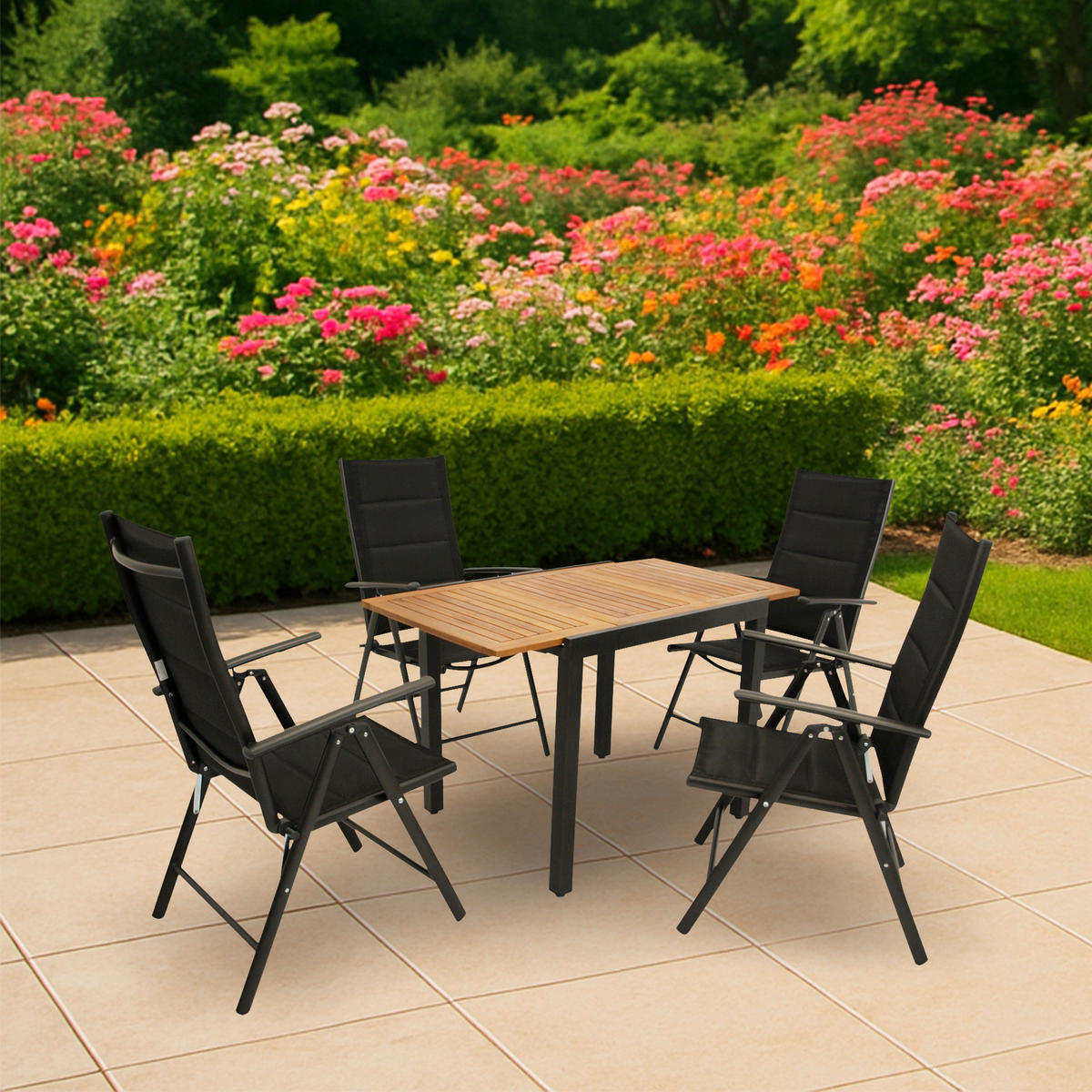 GARTENESSGRUPPE Canterbury - GARTEN-GARNITUR mit Ausziehtisch 80 bis 120 cm - 5-teilig - Aluminium - Akazie - Kunstgewebe schwarz - Schwarz, Metall - TPFGarden